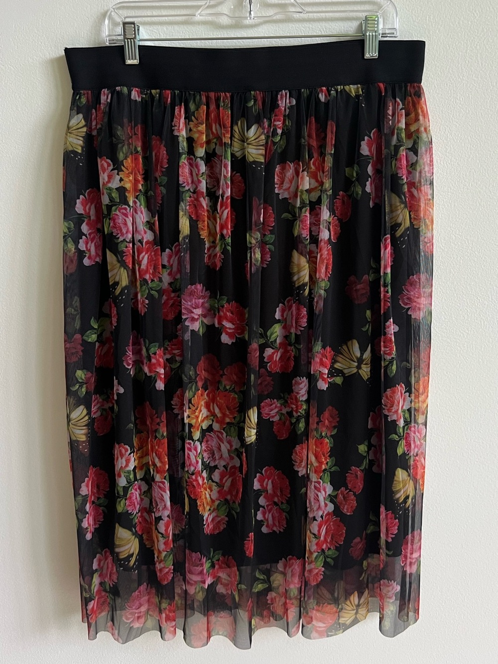 Floral Tulle Overlay Midi Skirt XL Fairycore Cottagecore Whimsigoth Butterflies